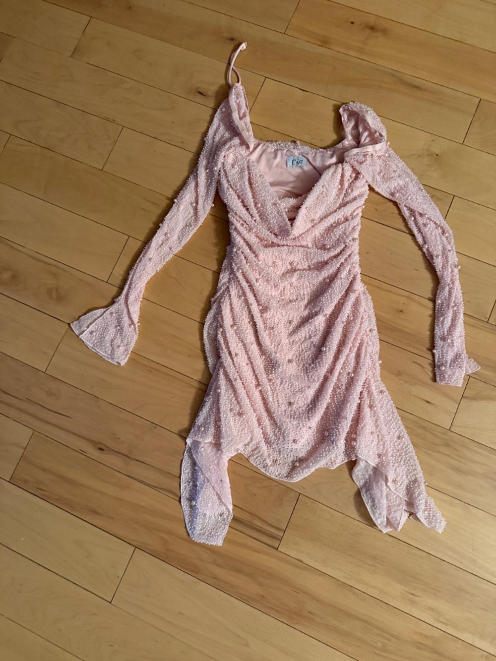 Long Sleeve Embellished Cowl Neck Mini Dress in Blush